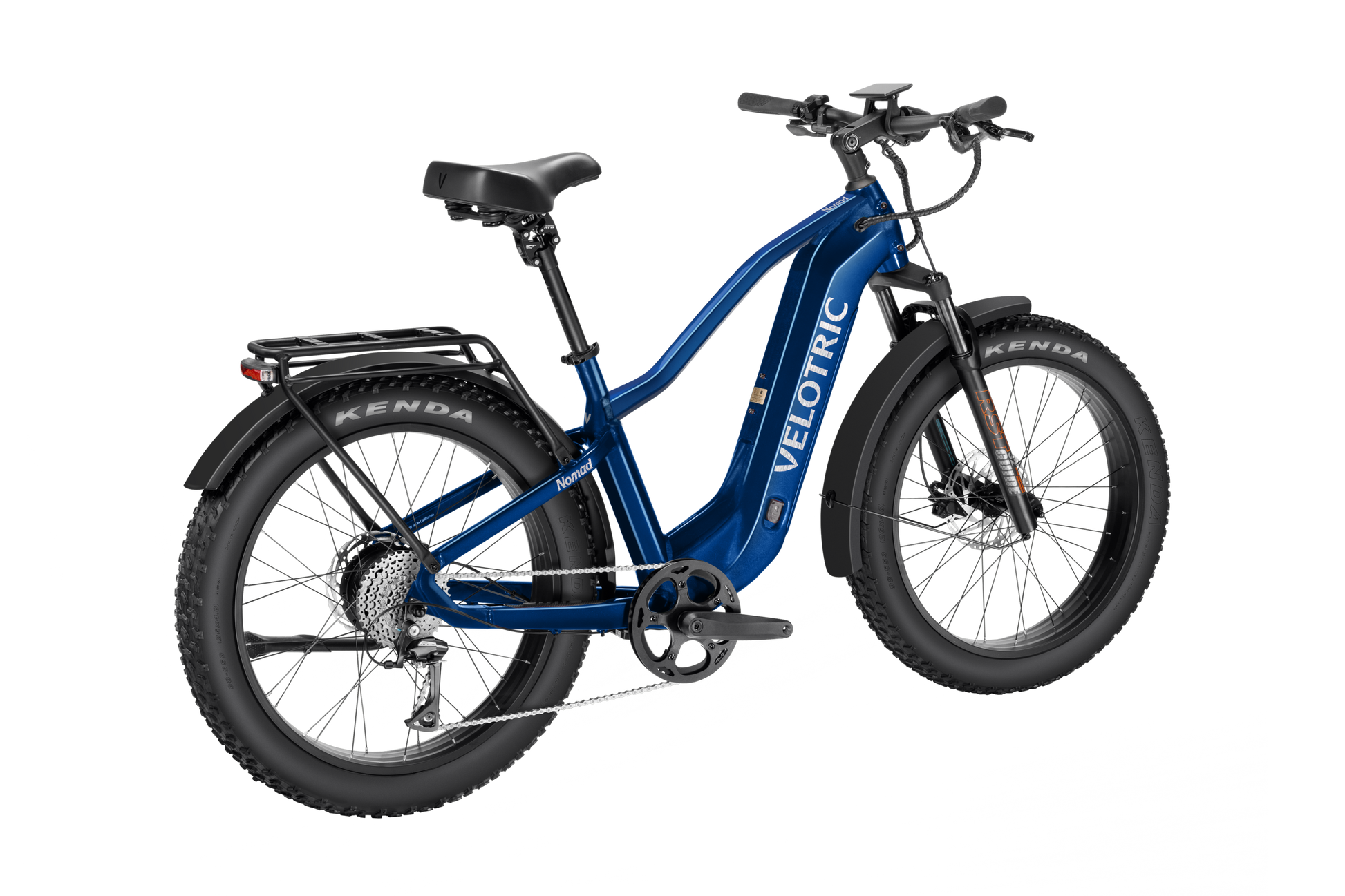 The Velotric Nomad 2, an adventure-ready e-bike, boasts thick tires and a step-through frame. Equipped with a high-capacity battery, rear cargo rack, and disc brakes, it’s perfect for any journey. Pictured from the side on a plain background, this all-terrain e-bike is built for exploration.