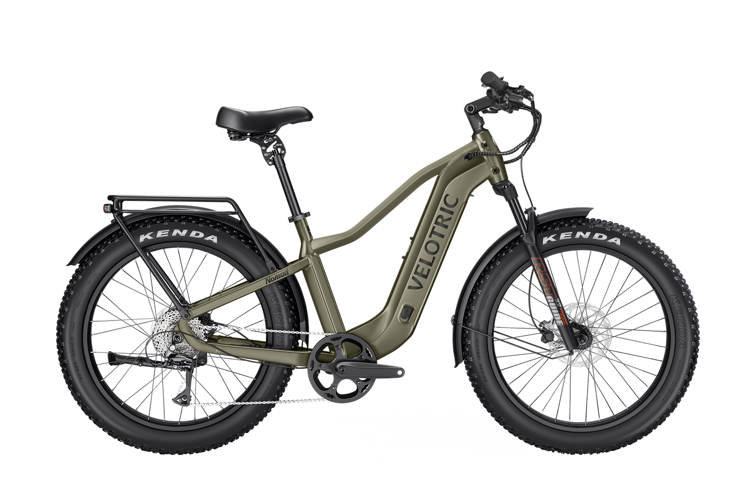 Olive green Velotric Nomad 2 electric bike with fat tires, front suspension, rear cargo rack, and Kenda branded tires.