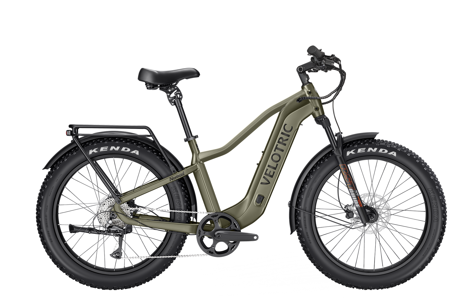 Olive green Velotric Nomad 2 electric bike with fat tires, front suspension, rear cargo rack, and Kenda branded tires.
