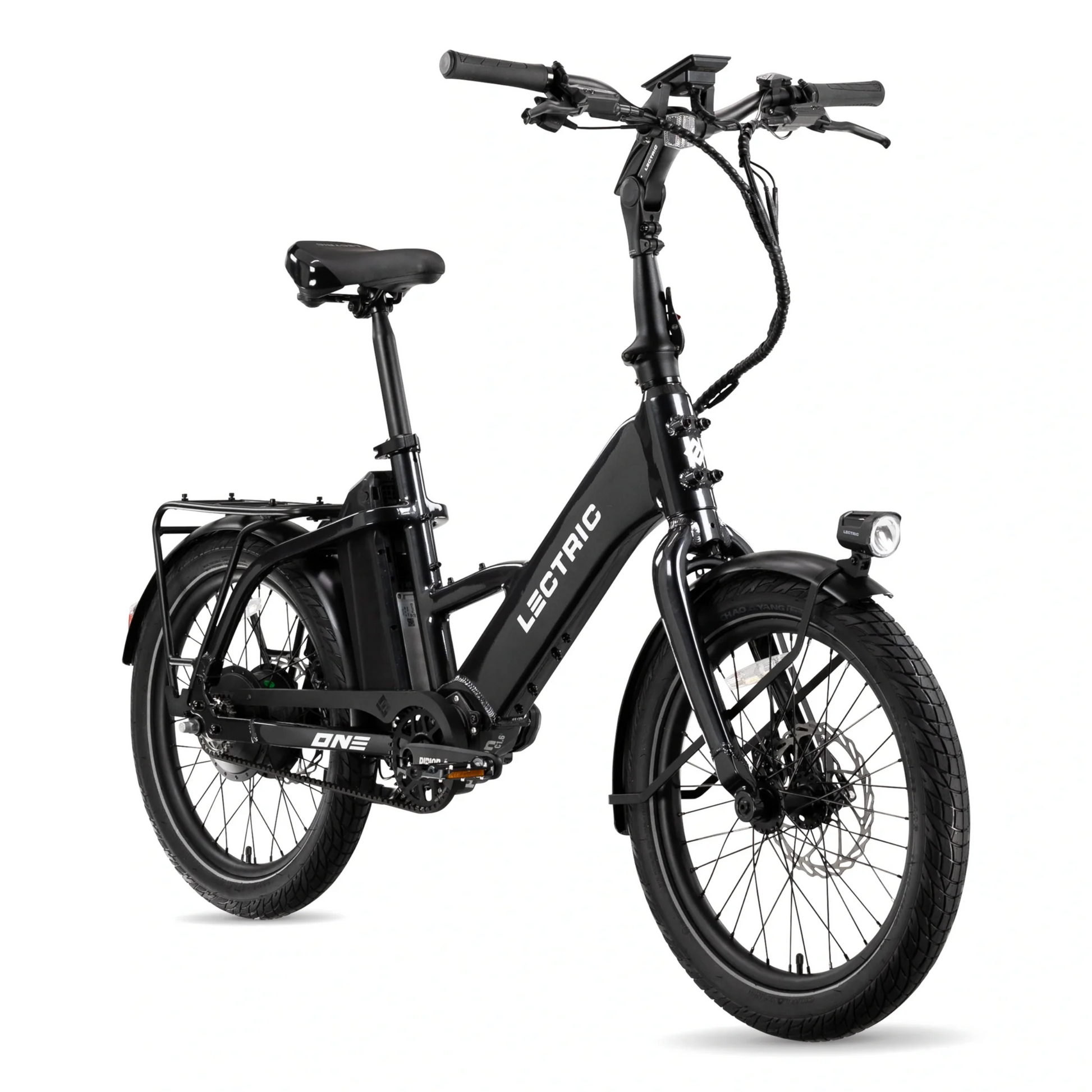 The Lectric - ONE black folding electric bike by Lectric features a front headlight, rear rack, and wide tires, displayed on a white background.