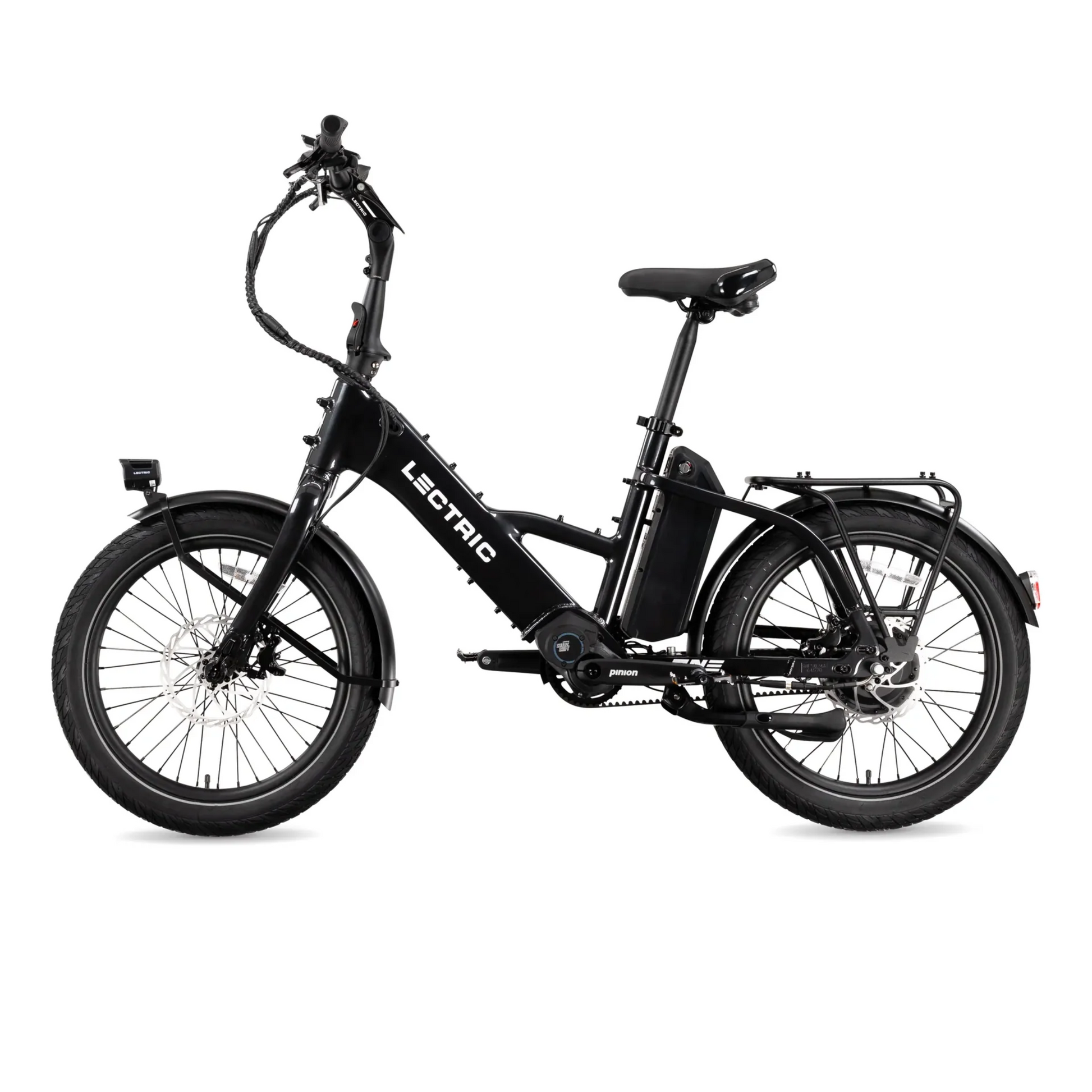The Lectric - ONE folding electric bike by Lectric is shown from the side in black, featuring a step-through frame, front and rear fenders, and a rear cargo rack.