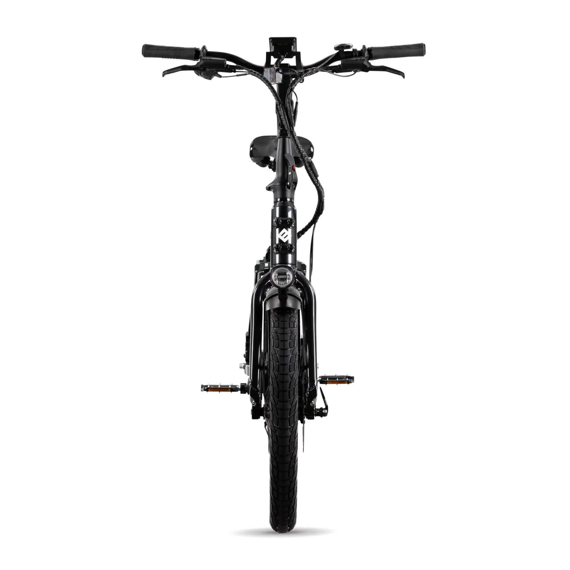 Front view of the Lectric ONE electric bicycle by Lectric in black, highlighting its handlebars, front tire, pedals, and headlight against a white background.