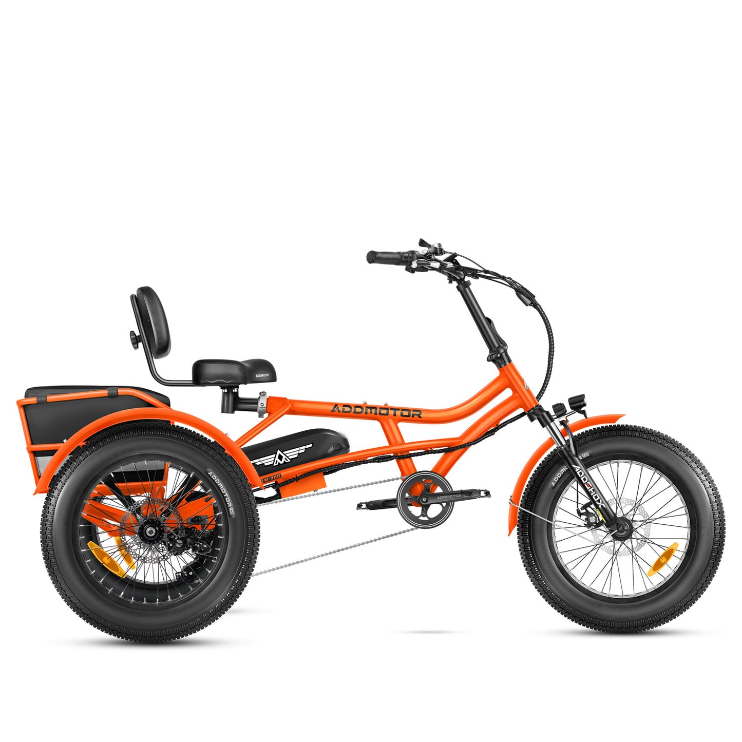 Addmotor Orange ARISETAN II M-360 2024 Semi-Recumbent Trike with rear storage basket on a white background.
