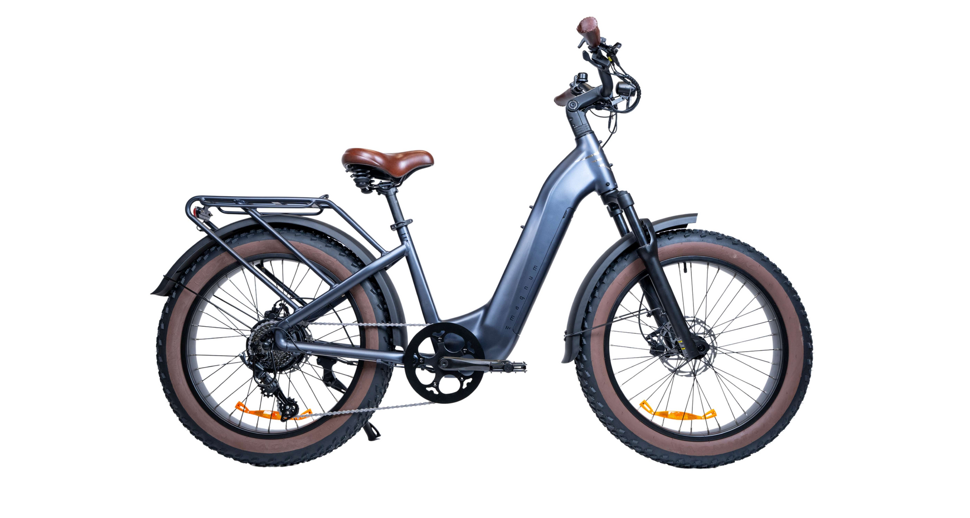 The Magnum Bliss by Magnum is a matte black electric bike with a 750W motor, brown seat and grips, fat tires, front suspension, and rear cargo rack, shown on a white background.