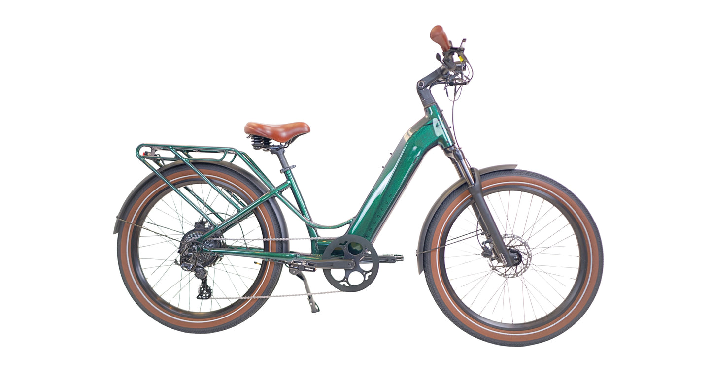 The Magnum Wave eBike by Magnum features a brown seat and grips, a low-step cruiser frame, rear rack, and disc brakes. Photographed on white—it's a stylish electric bike perfect for easy coastal rides in Florida.
