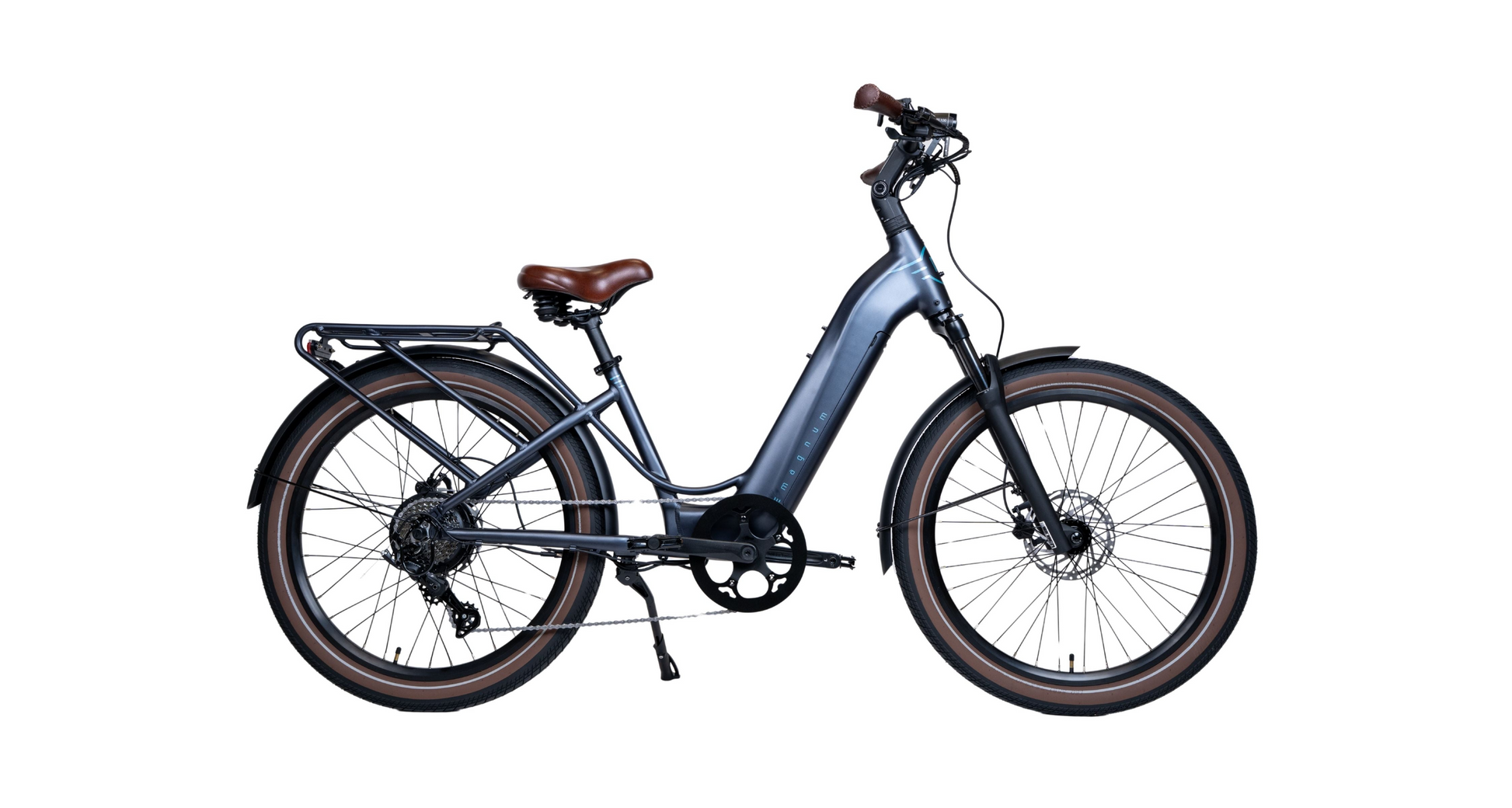 The Magnum Wave is a modern low-step cruiser eBike by Magnum, featuring a step-through frame, brown saddle and grips, rear rack, and wide tires, displayed in profile view against a white background.