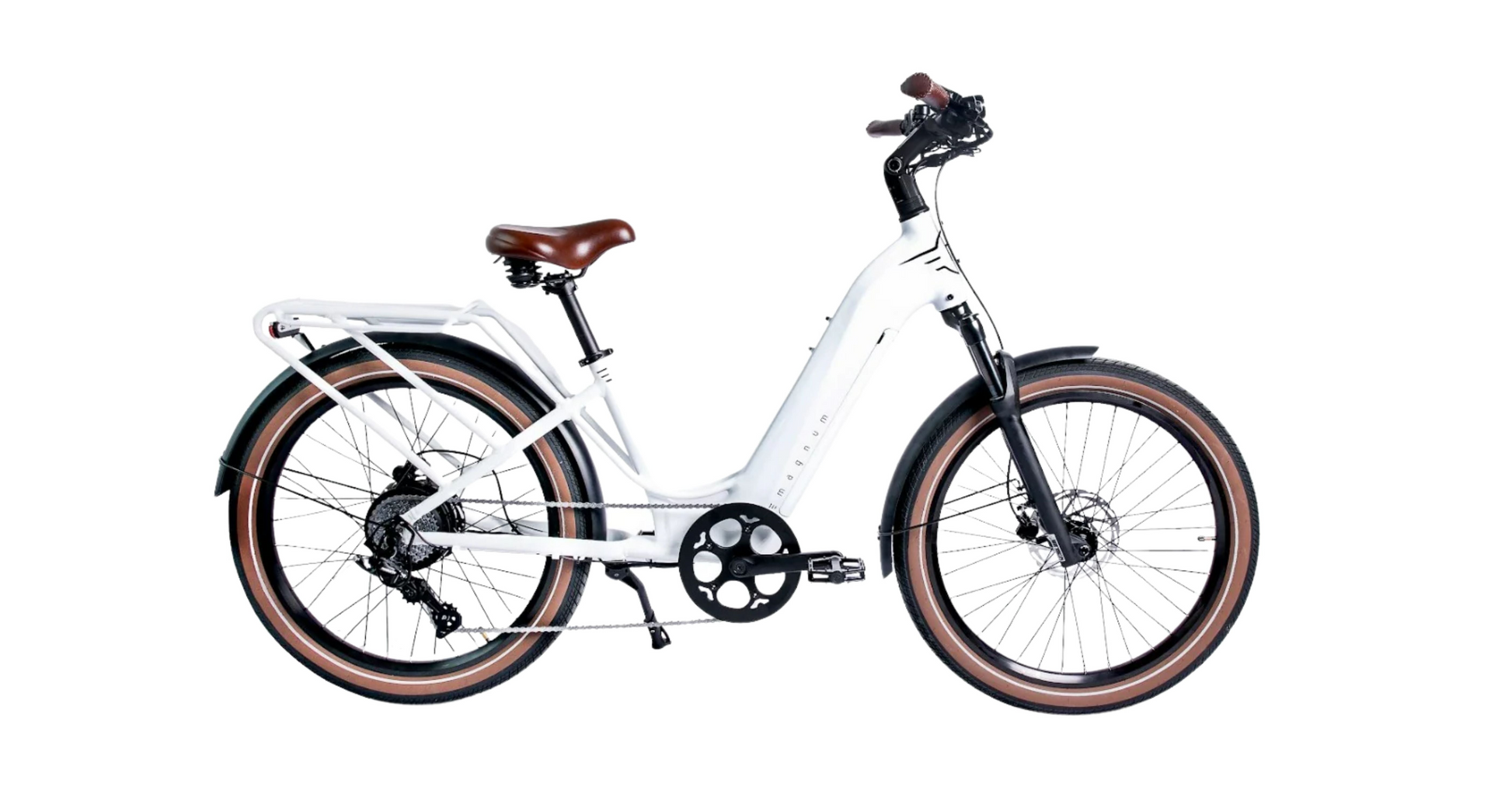 The Magnum Wave by Magnum is a white low-step cruiser eBike with brown saddle and grips, front and rear fenders, and wide tires—ideal for Tampa Bay riders. Shown here against a white background.