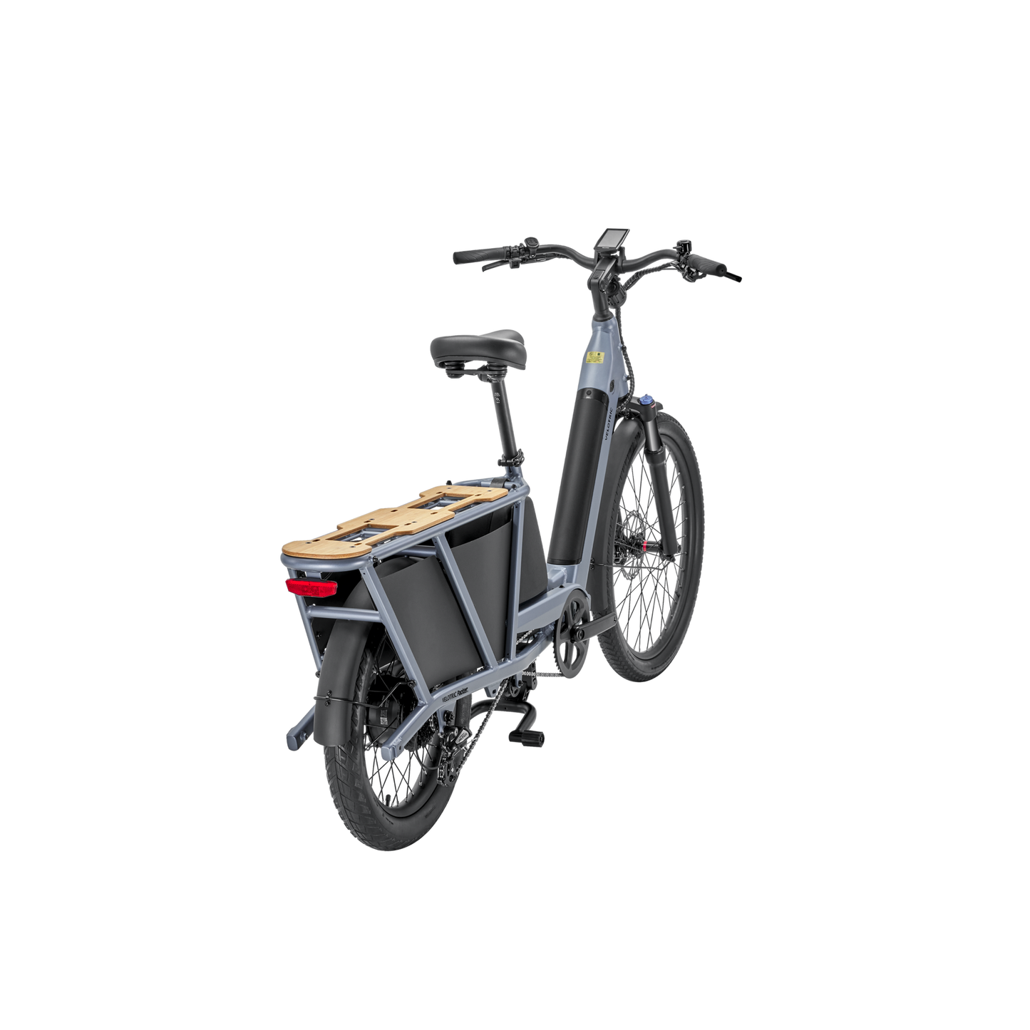 A Velotric - Packer 1 - Indigo Grey electric bike with a wooden box on the back.