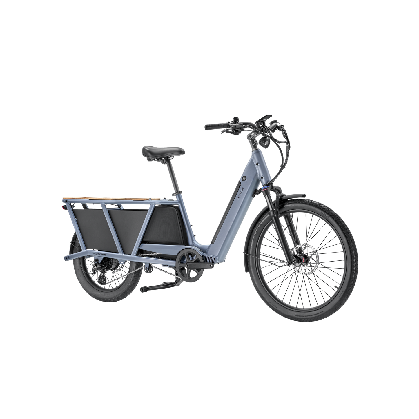 A Velotric - Packer 1 - Indigo Grey electric bike with a cargo box.