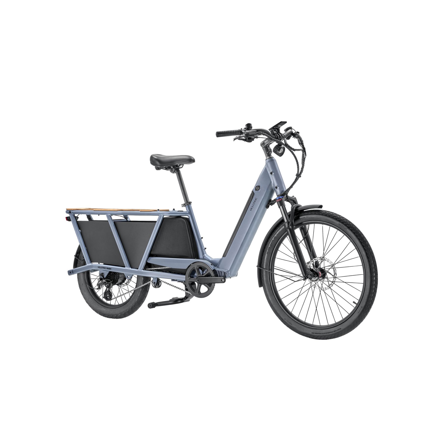 A Velotric - Packer 1 - Indigo Grey electric bike with a cargo box.