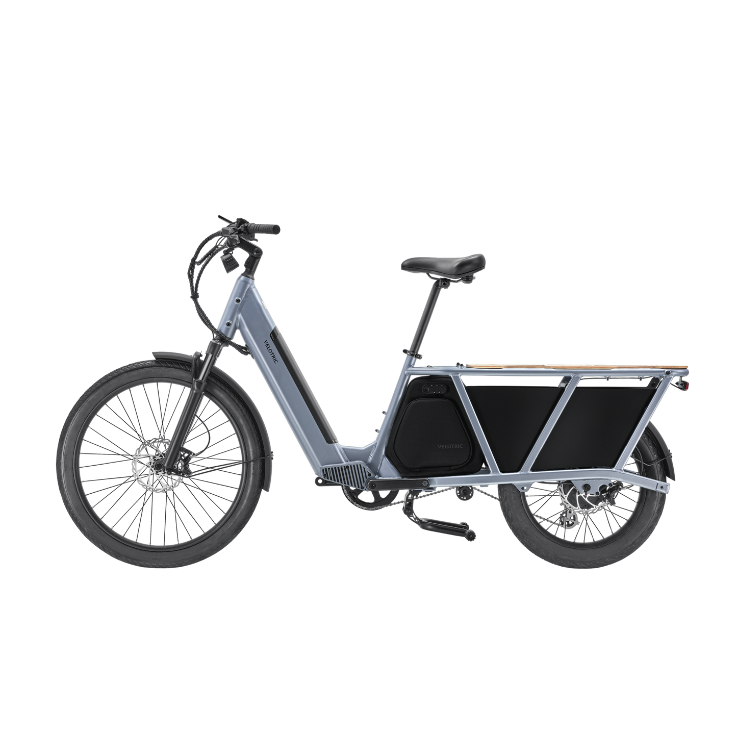 A Velotric - Packer 1 - Indigo Grey electric bike with a cargo box on it.