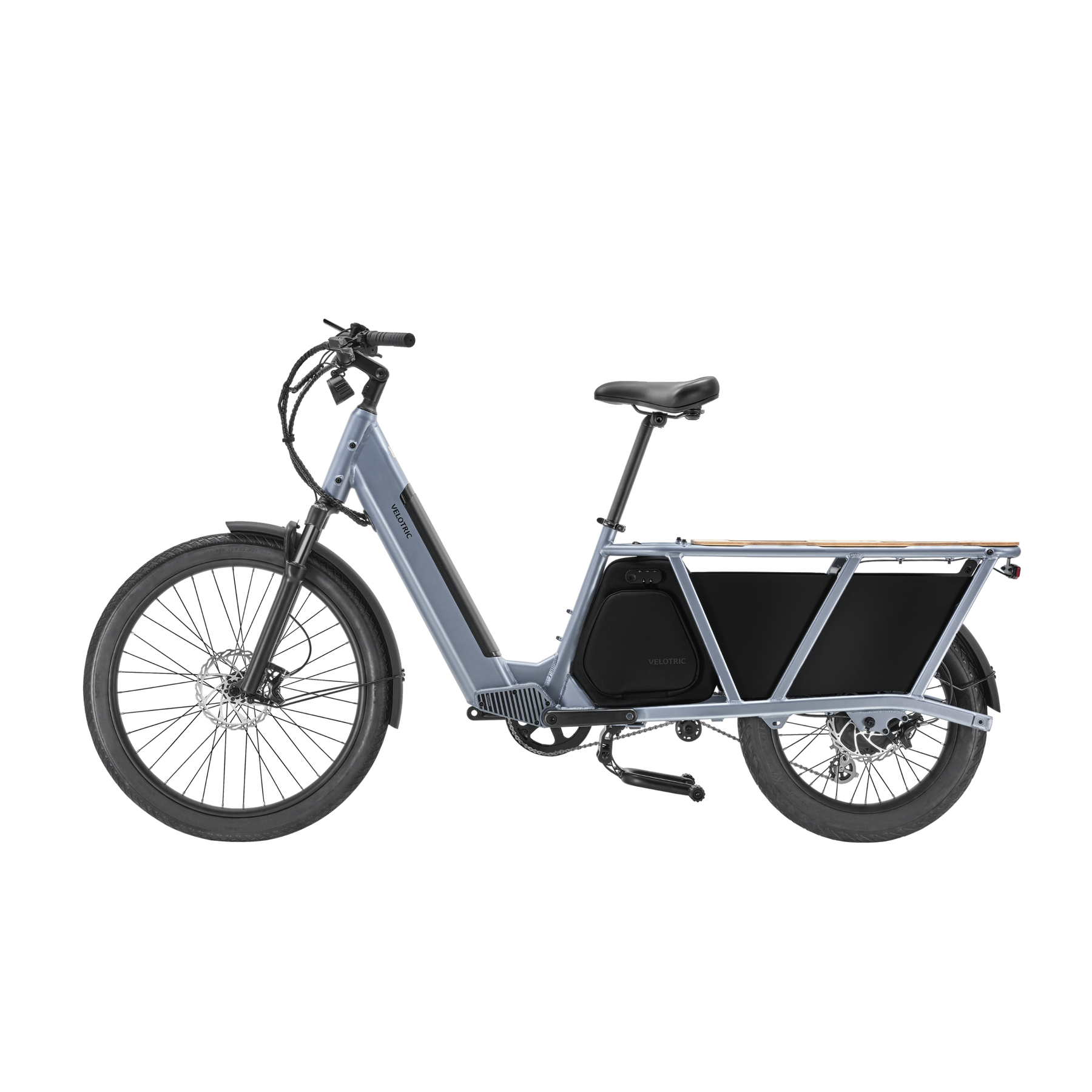 A Velotric - Packer 1 - Indigo Grey electric bike with a cargo box on it.
