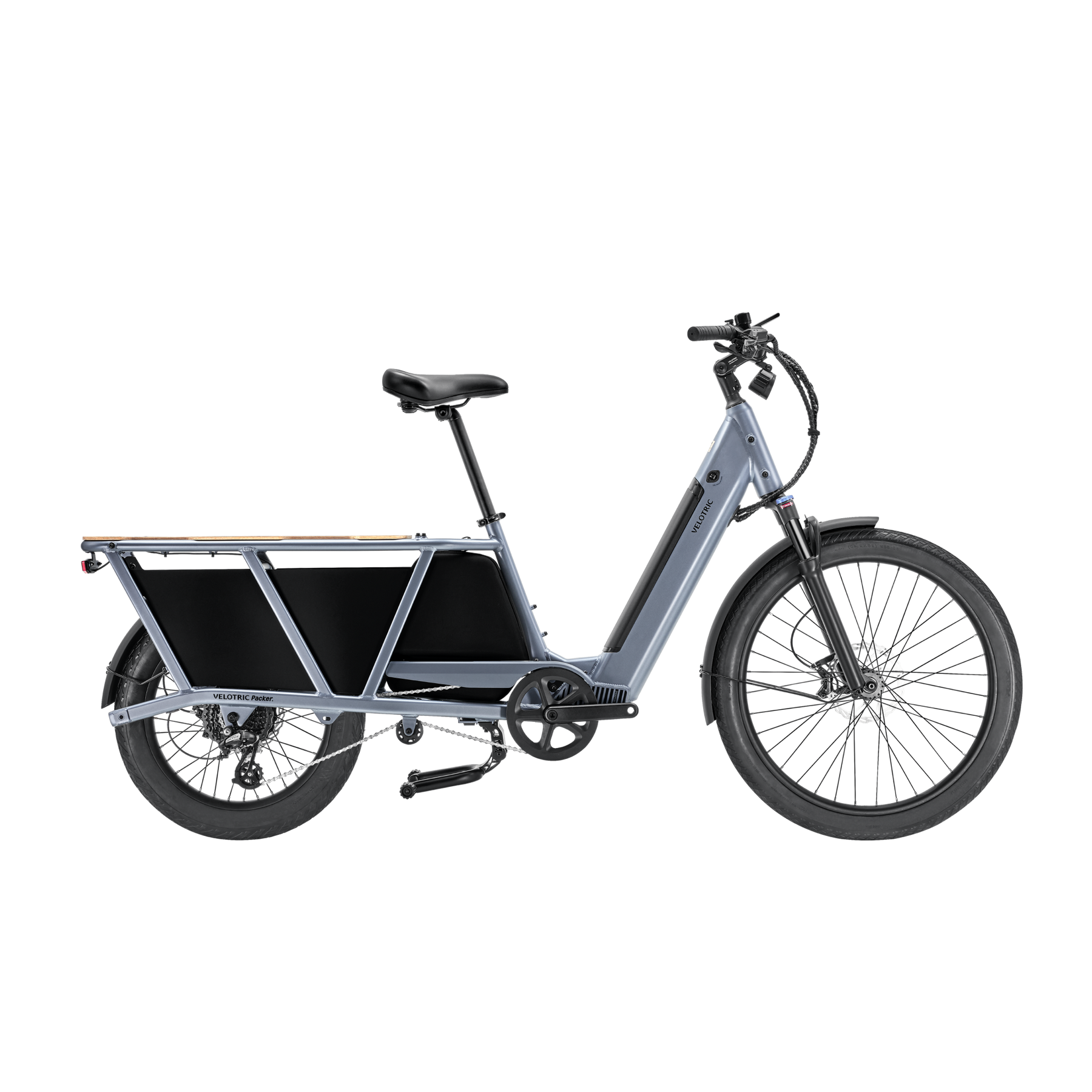 A Velotric Indigo Grey electric bike with a cargo box.