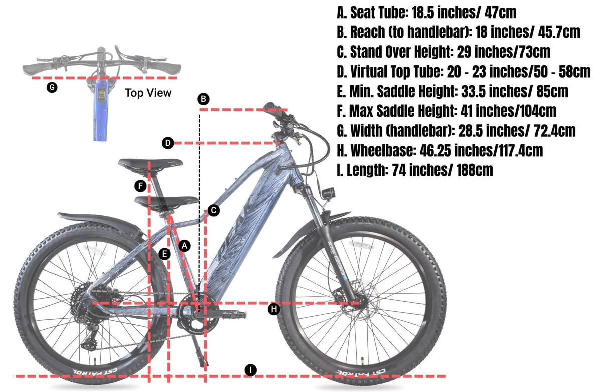 Diagram of the Magnum Peak 2.0 by Magnum with labeled measurements: seat tube, reach, standover height, top tube, saddle height, handlebar width, wheelbase & overall length—perfect for fitting this electric mountain bike.