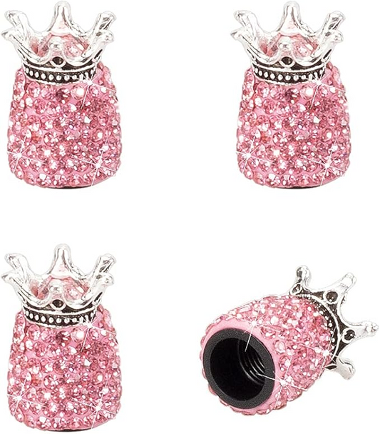 EPWR Valve Gems - Pink Crowns: Four pink, glittery crown-shaped caps shown from multiple angles; one lies on its side to reveal the threaded interior. Ideal as bike valve caps or car accessories.
