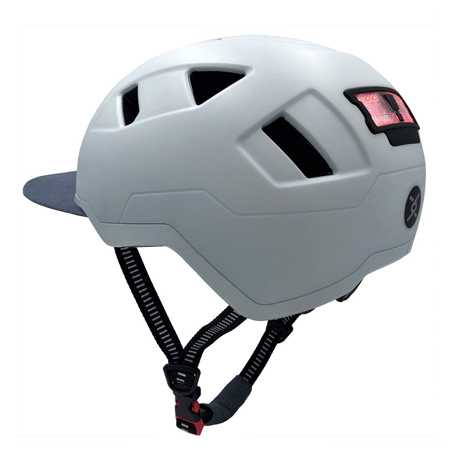 A gray XNITO e-bike helmet with an adjustable chin strap and rear LED safety light.