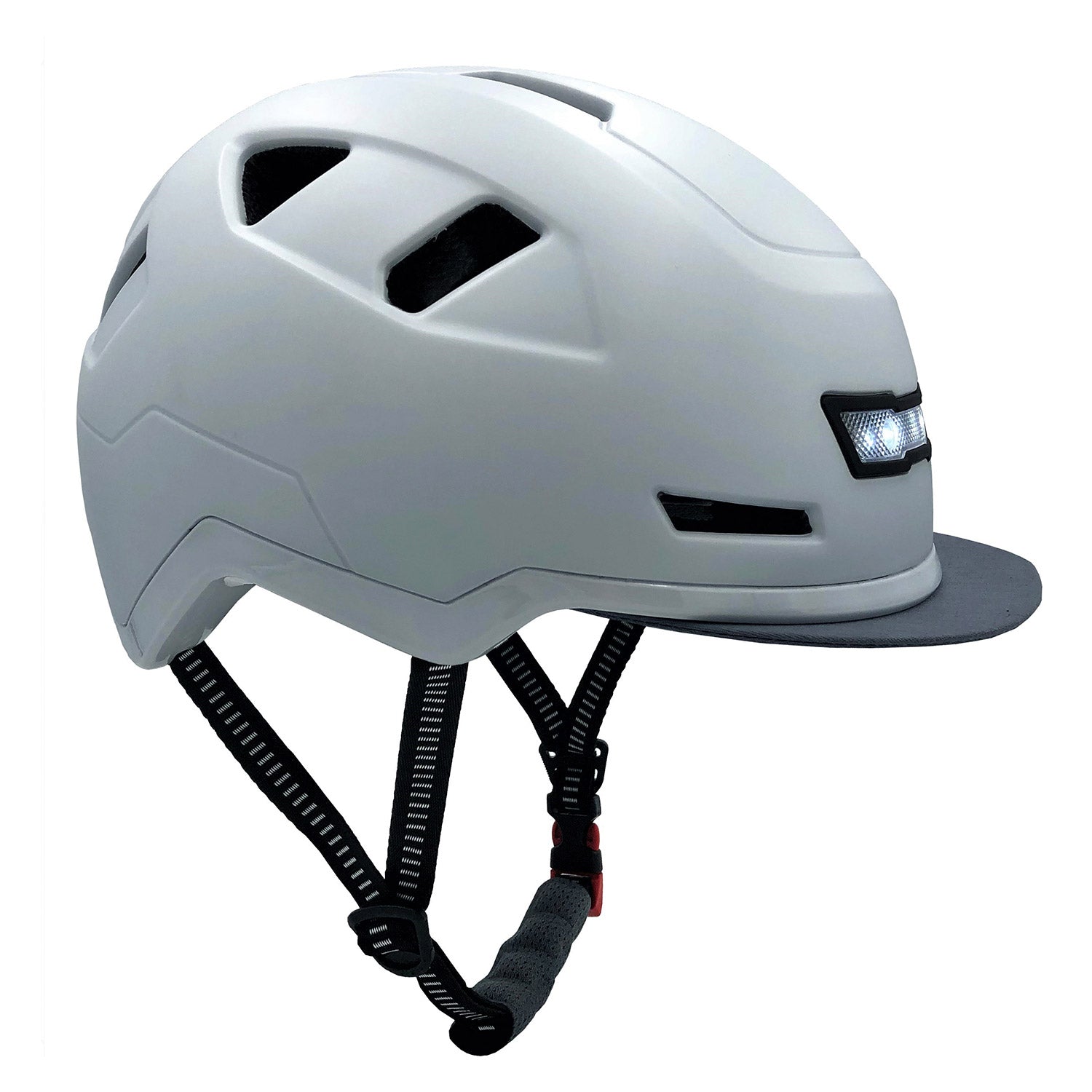 White XNITO e-bike helmet with ventilation holes and an adjustable chin strap.
