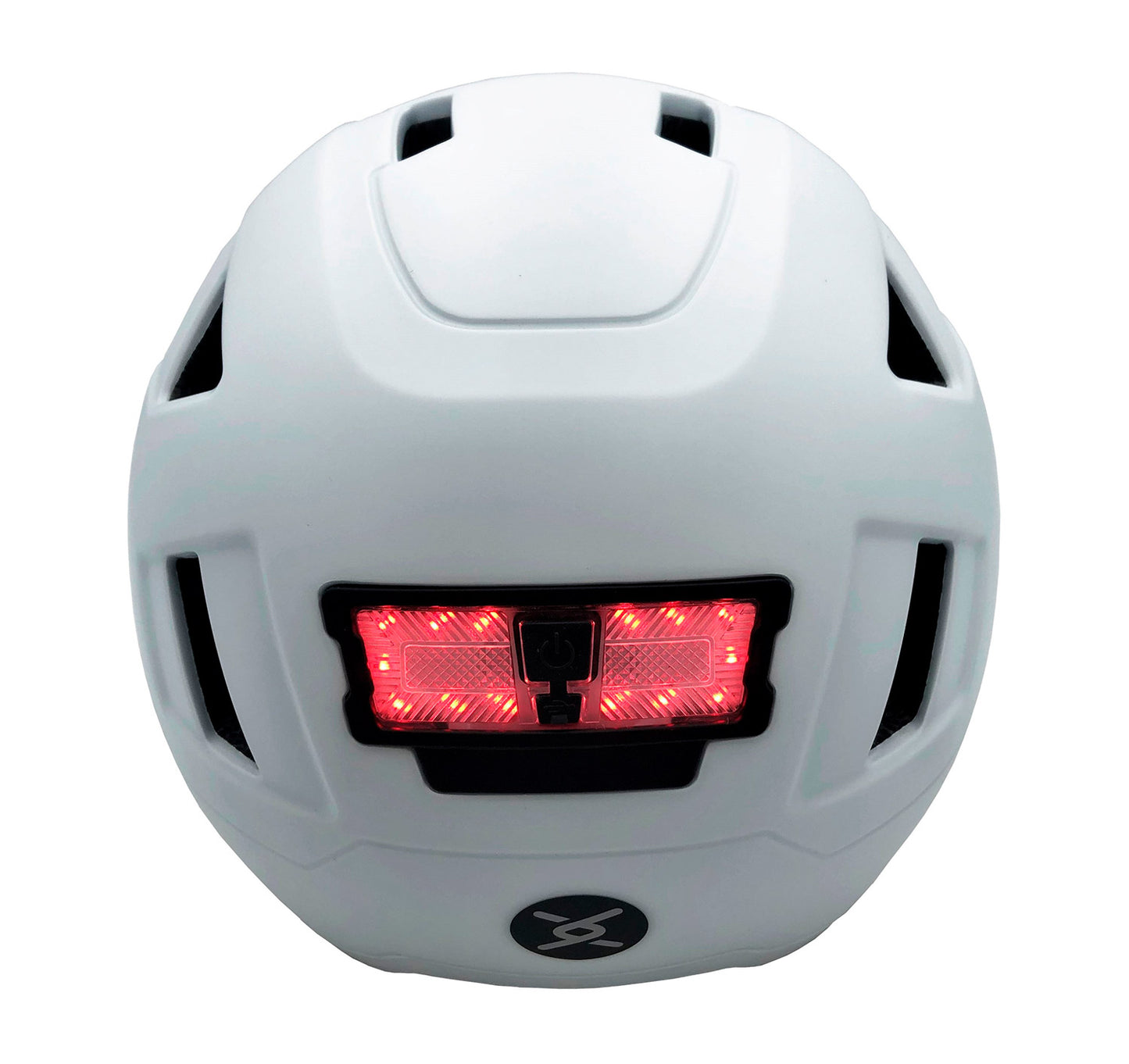 A white e-bike Helmet XNITO with integrated rear red LED lights, CPSC certified.