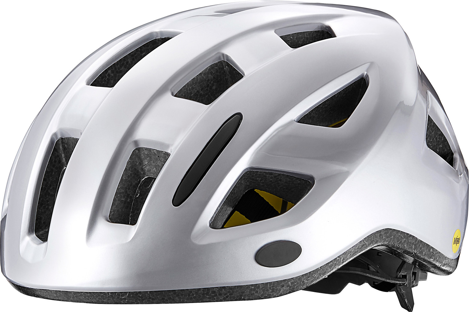 A side view of a white Giant Relay helmet with ventilation holes and Mips protection.