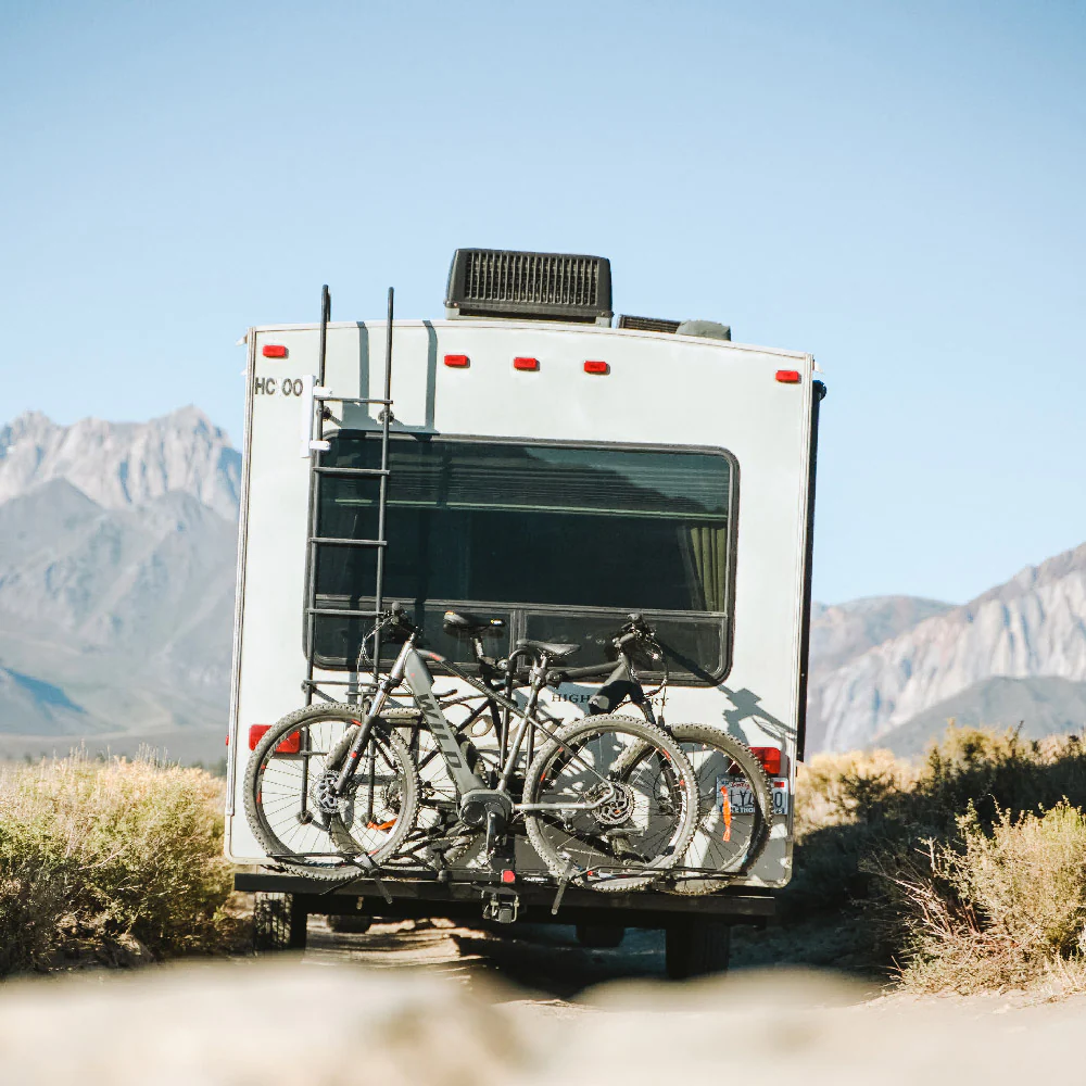 An Hollywood Racks - RV Rider with electric bikes on the back.