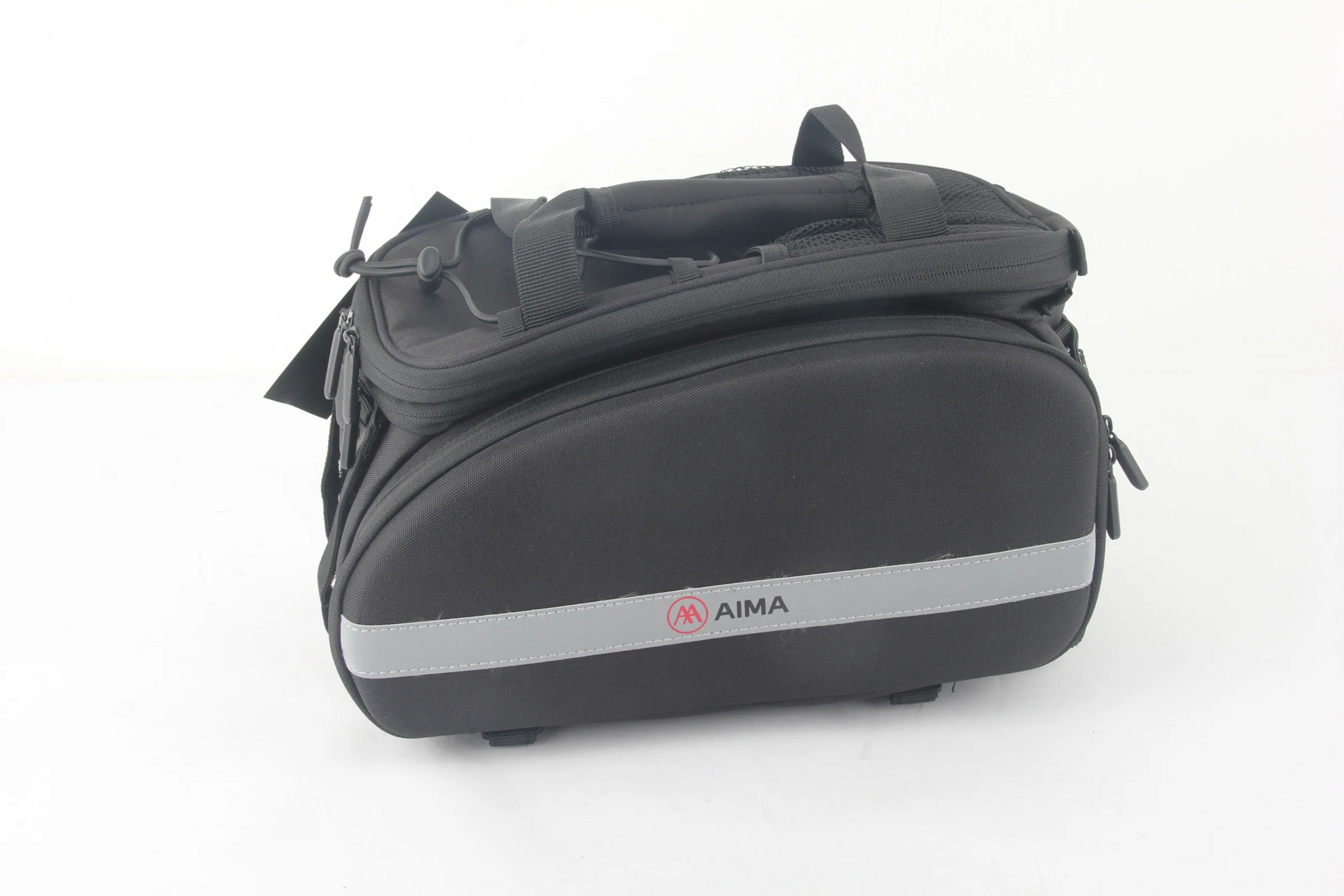 The AIMA Rack Top Bag, a black travel accessory with a gray reflective strip and multiple zippers, is designed as the perfect eBike companion and is displayed against a white background.