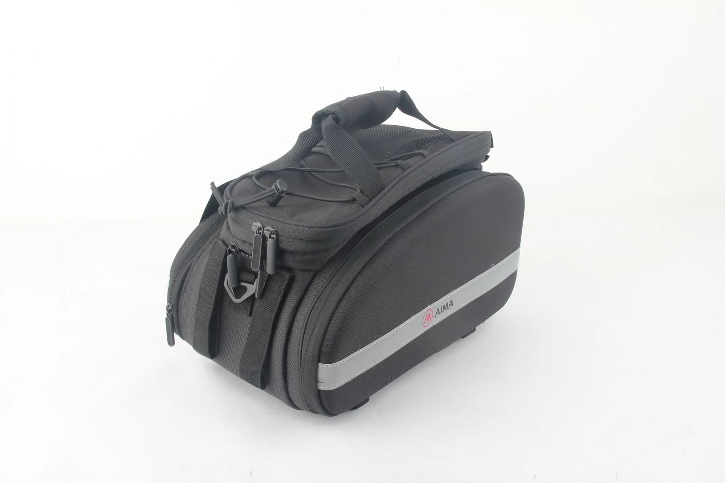 The AIMA Rack Top Bag, a black rectangular design featuring a carrying handle and reflective strip, sits against a white backdrop. Perfect for Tampa Bay eBikes fans, it combines style and functionality as an essential accessory.