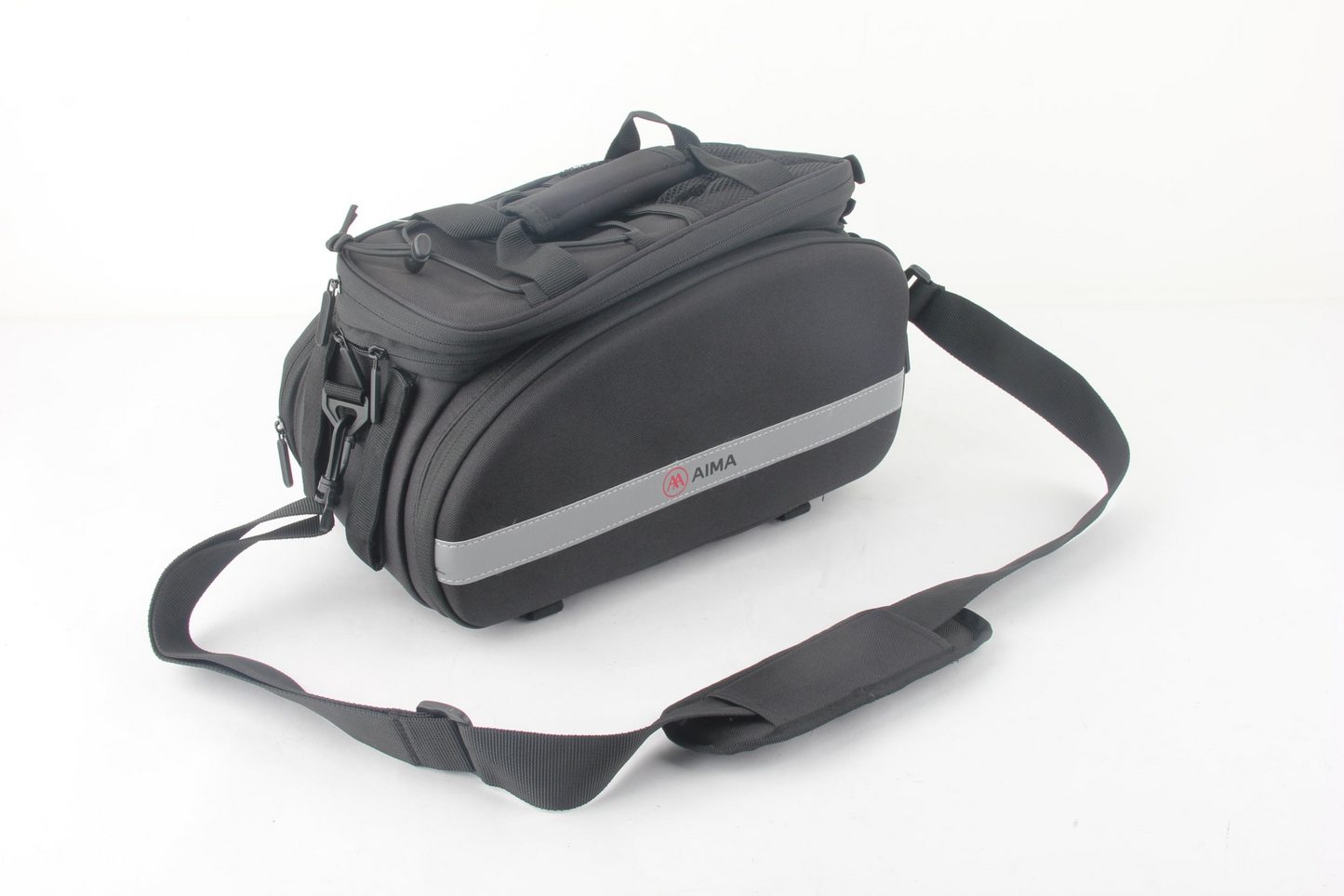 The AIMA - Rack Top Bag from AIMA is a black camera bag featuring gray accents, multiple compartments, and an adjustable shoulder strap, making it an excellent eBike accessory.