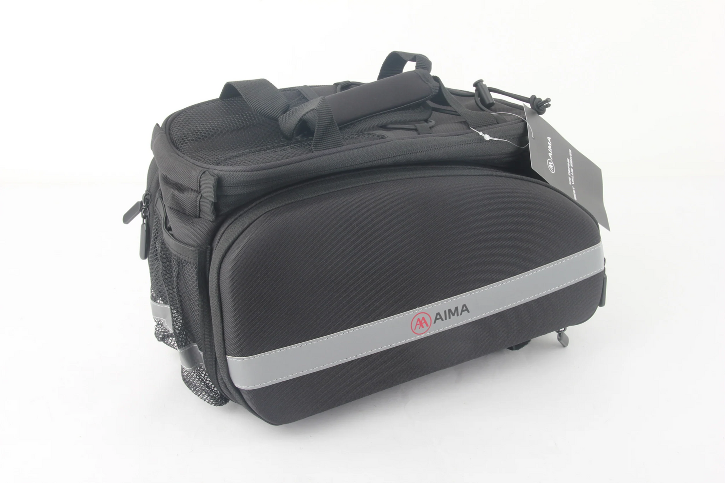 The AIMA Rack Top Bag is an ideal accessory for Tampa Bay eBikes enthusiasts, featuring a sleek black design with a gray strap, multiple compartments, side mesh pockets, and a top carrying handle—combining style and practicality.