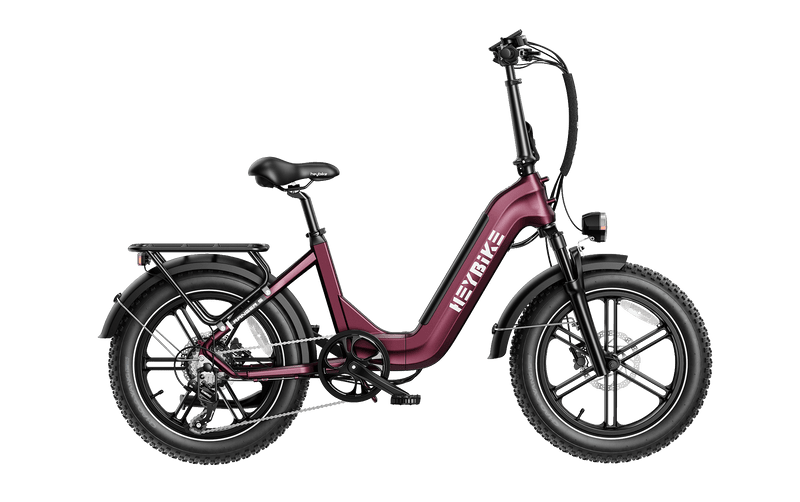 HeyBike- Ranger S electric bicycle with a burgundy frame and thick tires, featuring a 750W motor and a rear rack, displayed on a white background.