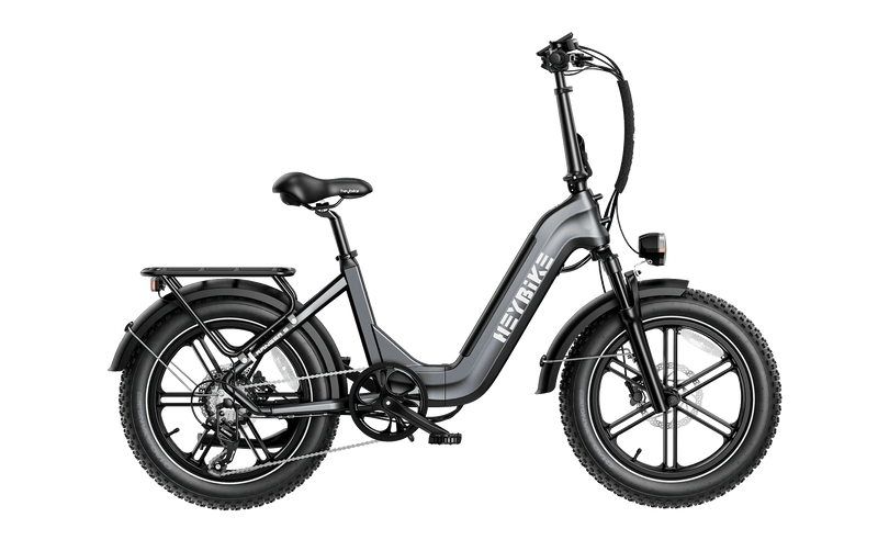 HeyBike - Ranger S folding electric bicycle with a step-through frame, thick tires, rear rack, and front suspension, displayed on a white background.
