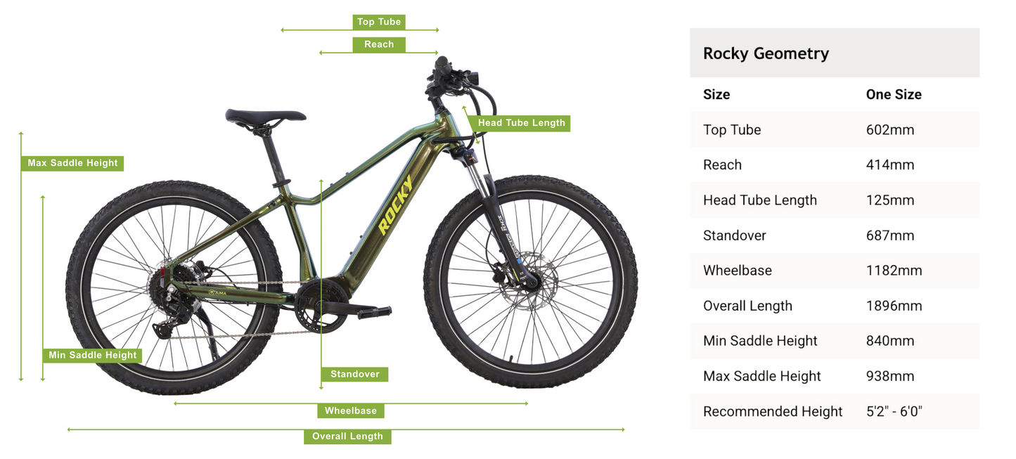 Side view of the AIMA - Rocky green rugged e-bike with labeled dimensions; geometry chart details frame sizes and recommended rider height, emphasizing AIMA's trail-ready performance.