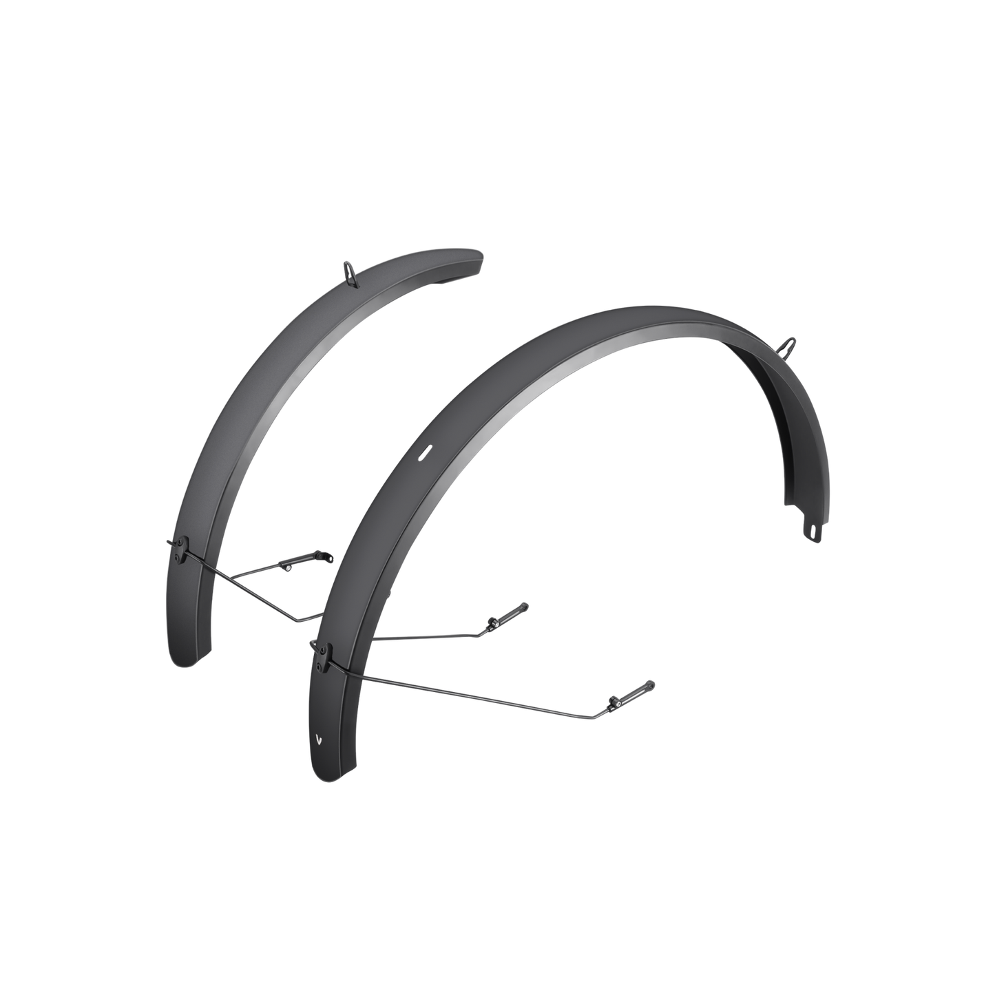 Two black Velotric bicycle fenders with high carrying capacity, isolated on a dark background, viewed from a side angle, displaying top and mounting brackets.