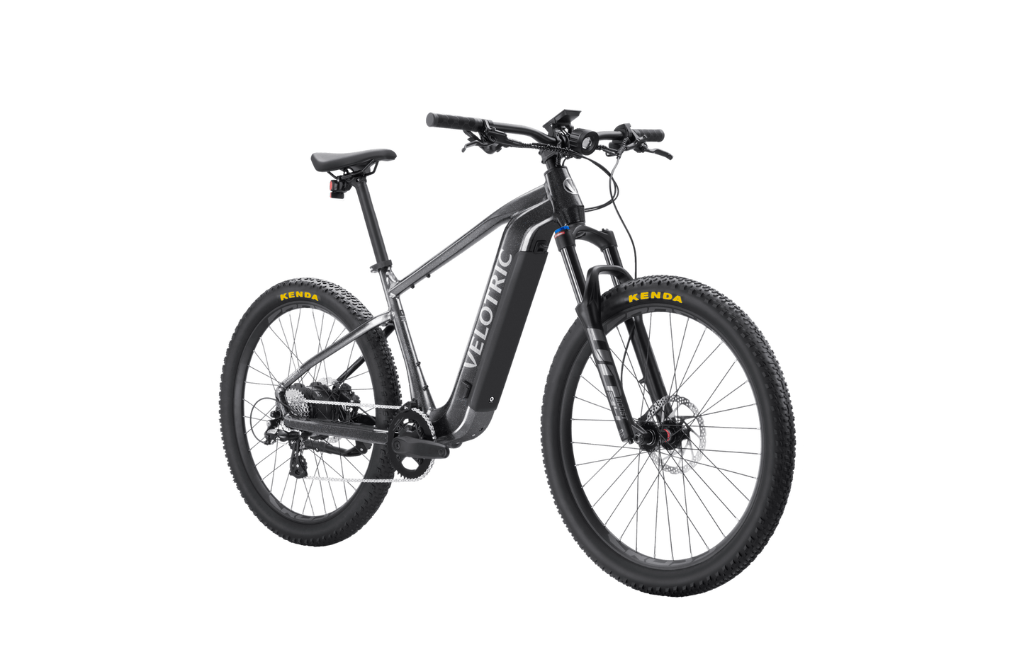 A black Velotric Summit 1 electric bike with thick tires and a suspension fork, shown against a black background.
