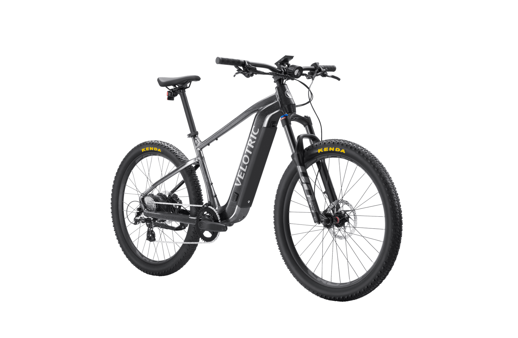 A black Velotric Summit 1 electric bike with thick tires and a suspension fork, shown against a black background.