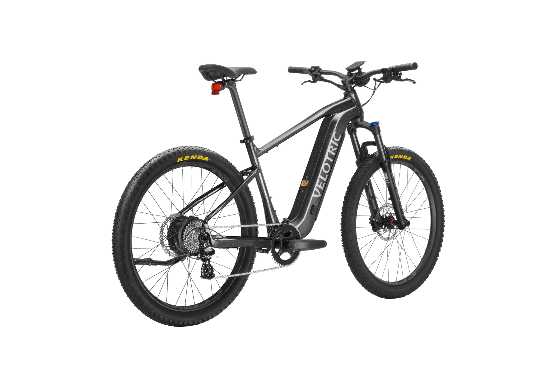 Black and gray Velotric Summit 1 eBike with thick tires and front suspension, isolated on a black background.