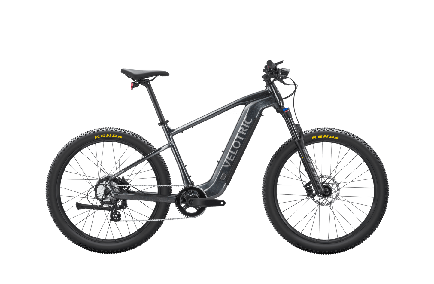 A black Velotric Summit 1 electric mountain bike with full suspension and kenda tires, displayed on a plain black background.