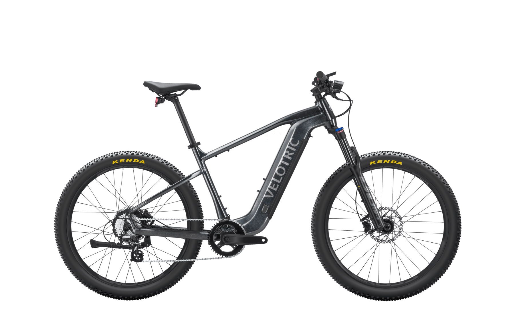 A black Velotric Summit 1 electric mountain bike with full suspension and kenda tires, displayed on a plain black background.