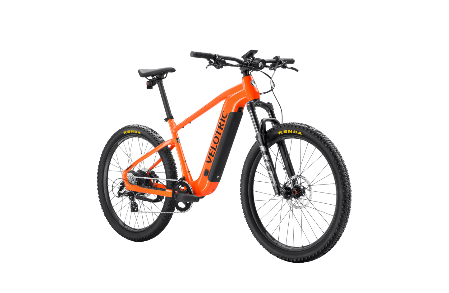 Orange Velotric Summit 1 eBike with black trim, featuring pedal assist, suspended frame and off-road tires, isolated on a black background.