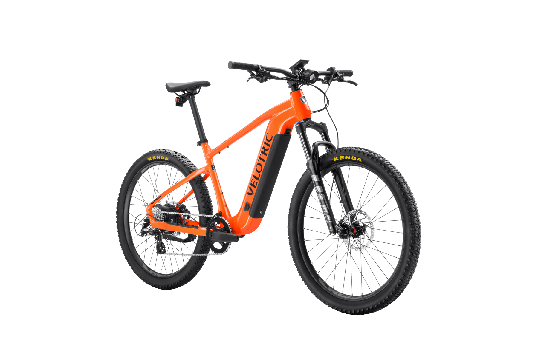 Orange Velotric Summit 1 eBike with black trim, featuring pedal assist, suspended frame and off-road tires, isolated on a black background.