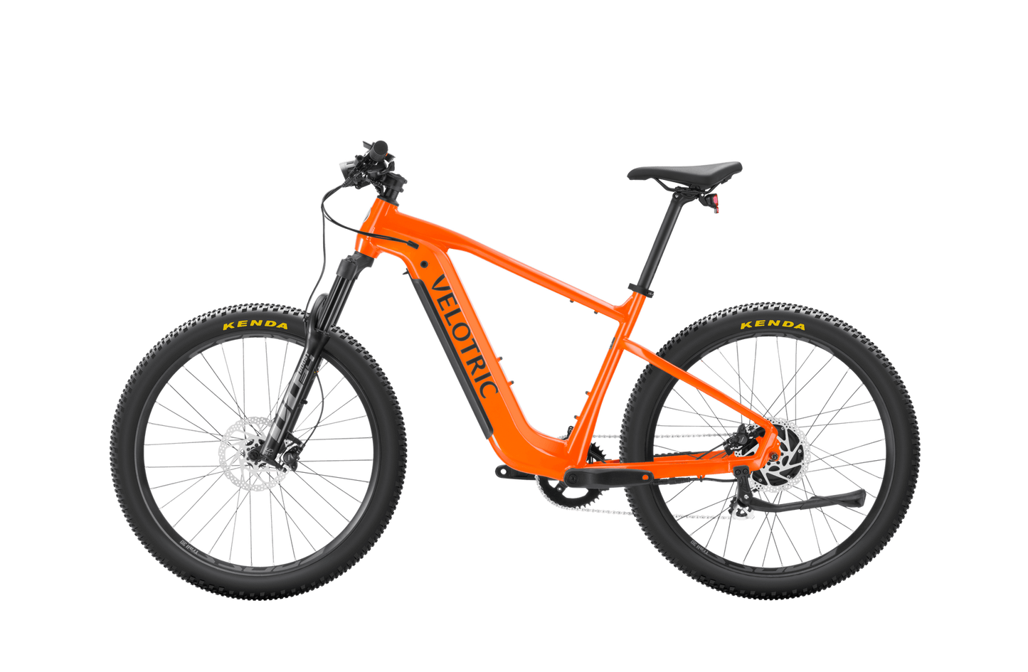Orange Velotric Summit 1 electric mountain bike with thick tires and disc brakes, displayed against a gray background.