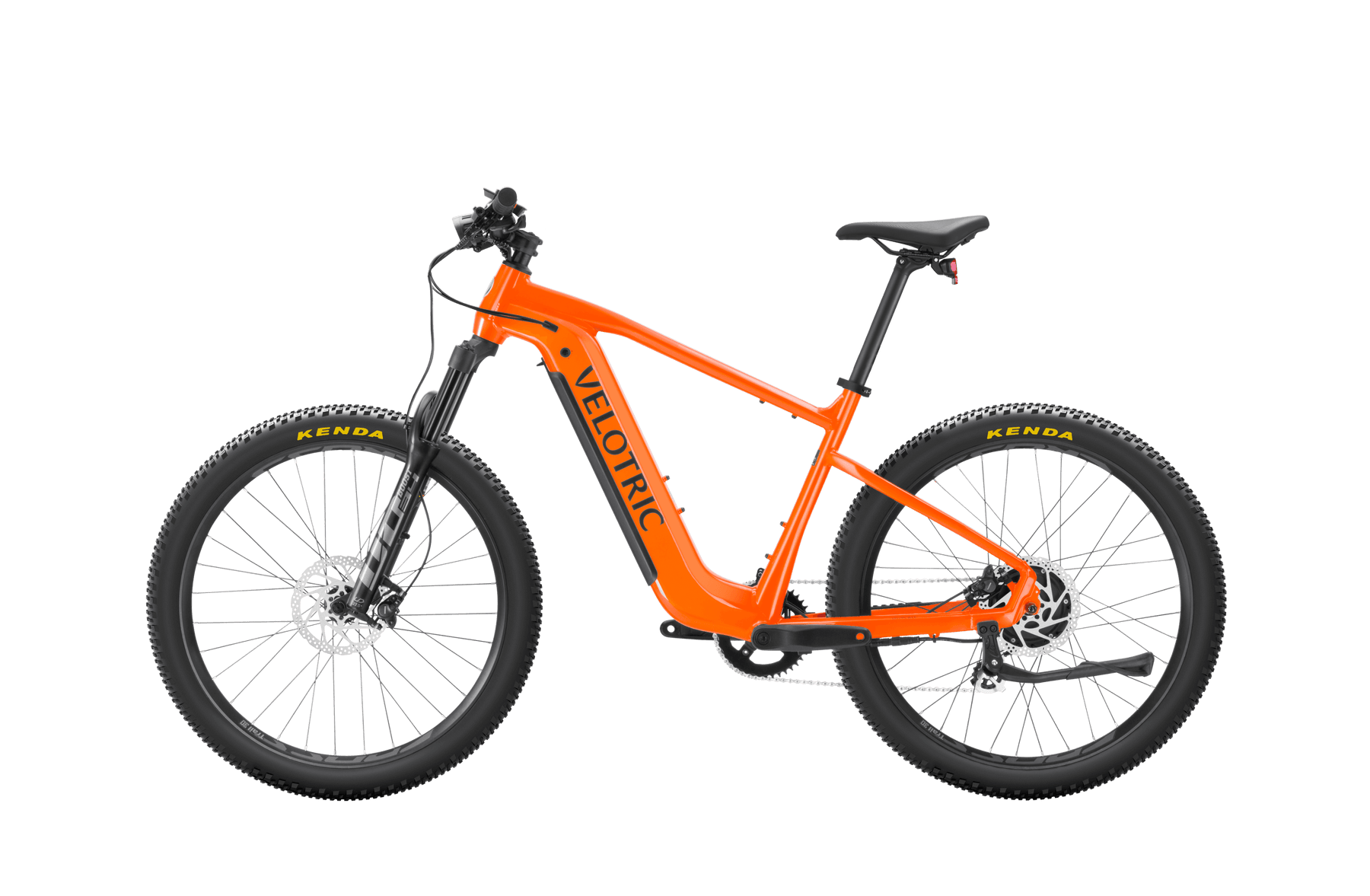 Orange Velotric Summit 1 electric mountain bike with thick tires and disc brakes, displayed against a gray background.