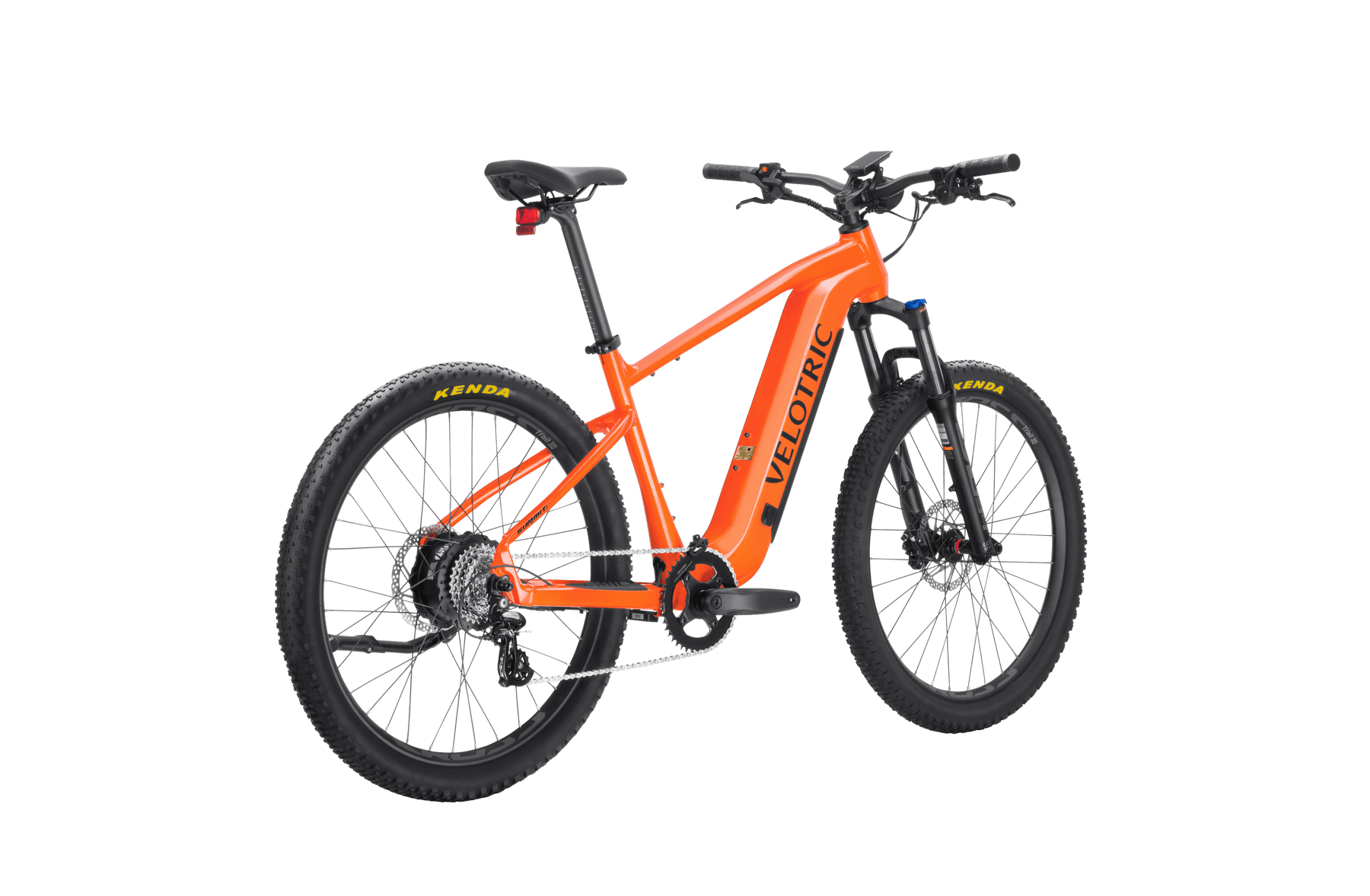 Orange Velotric Summit 1 electric mountain bike with pedal assist and black accents, shown on a black background.