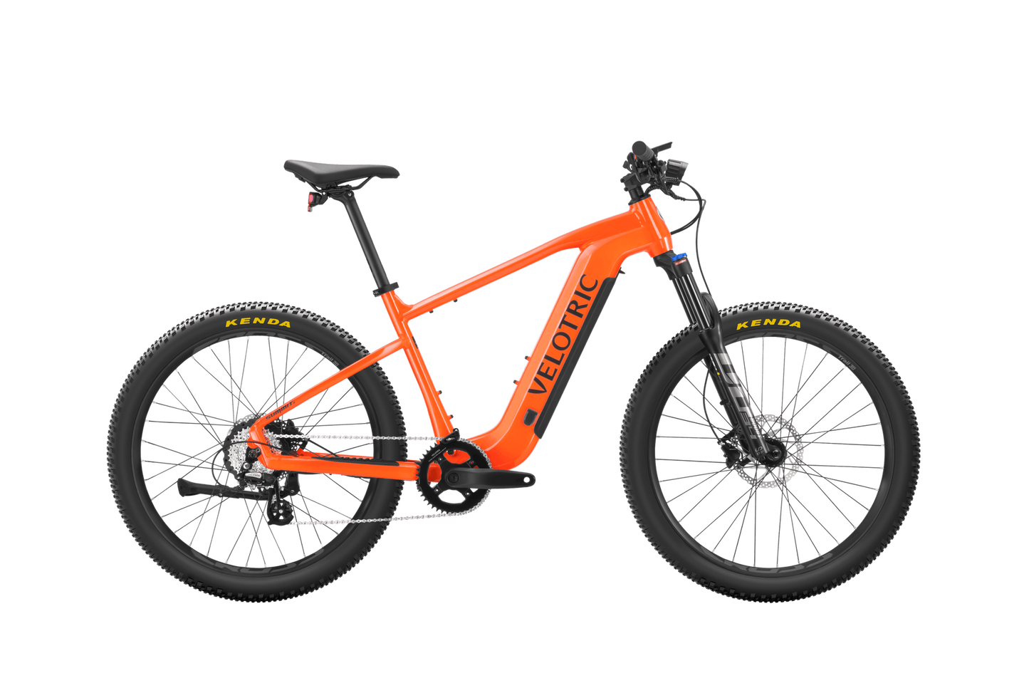 Sentence with replacement: Orange Velotric Summit 1 eBike isolated on a black background.