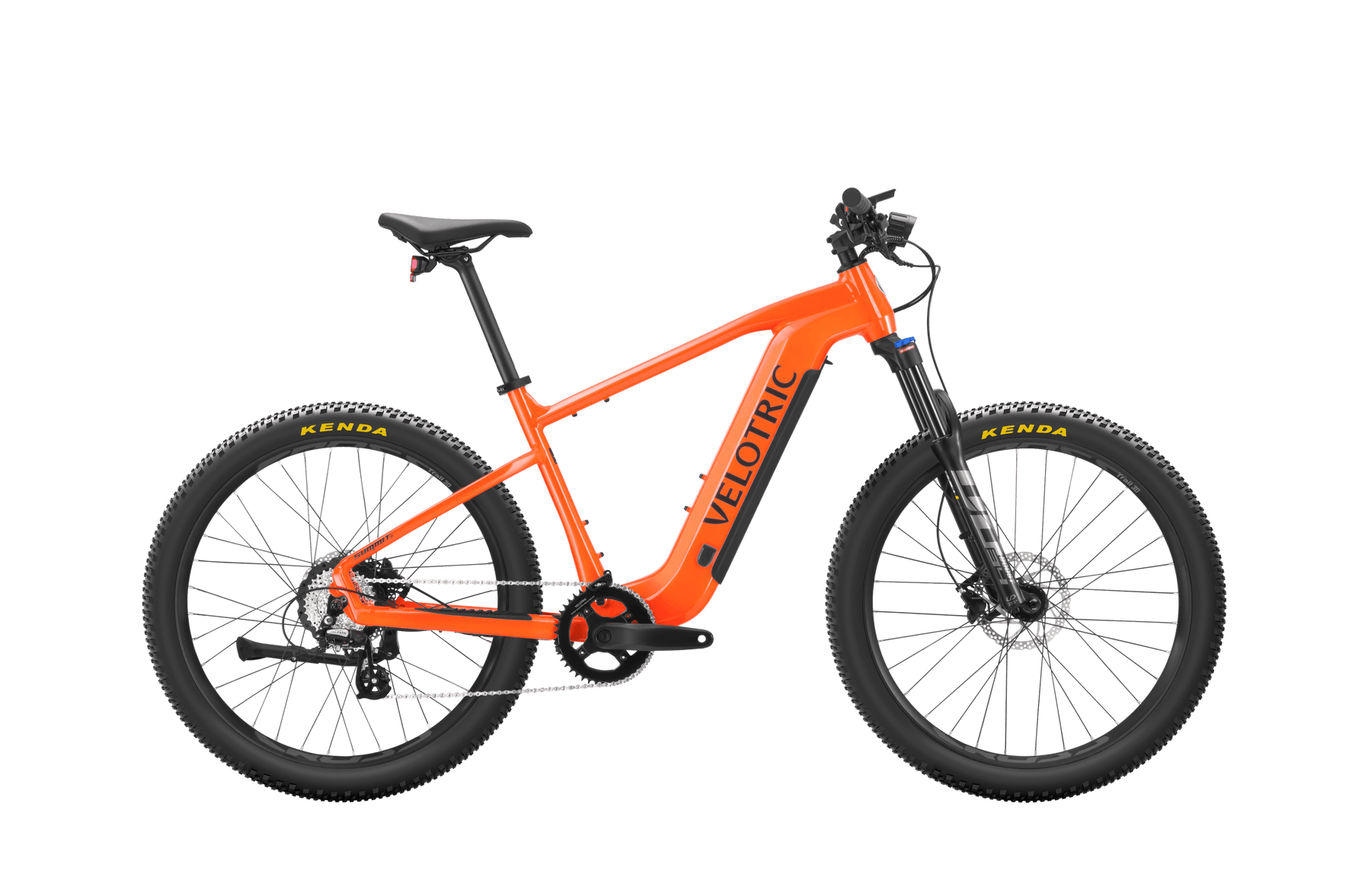 Sentence with replacement: Orange Velotric Summit 1 eBike isolated on a black background.