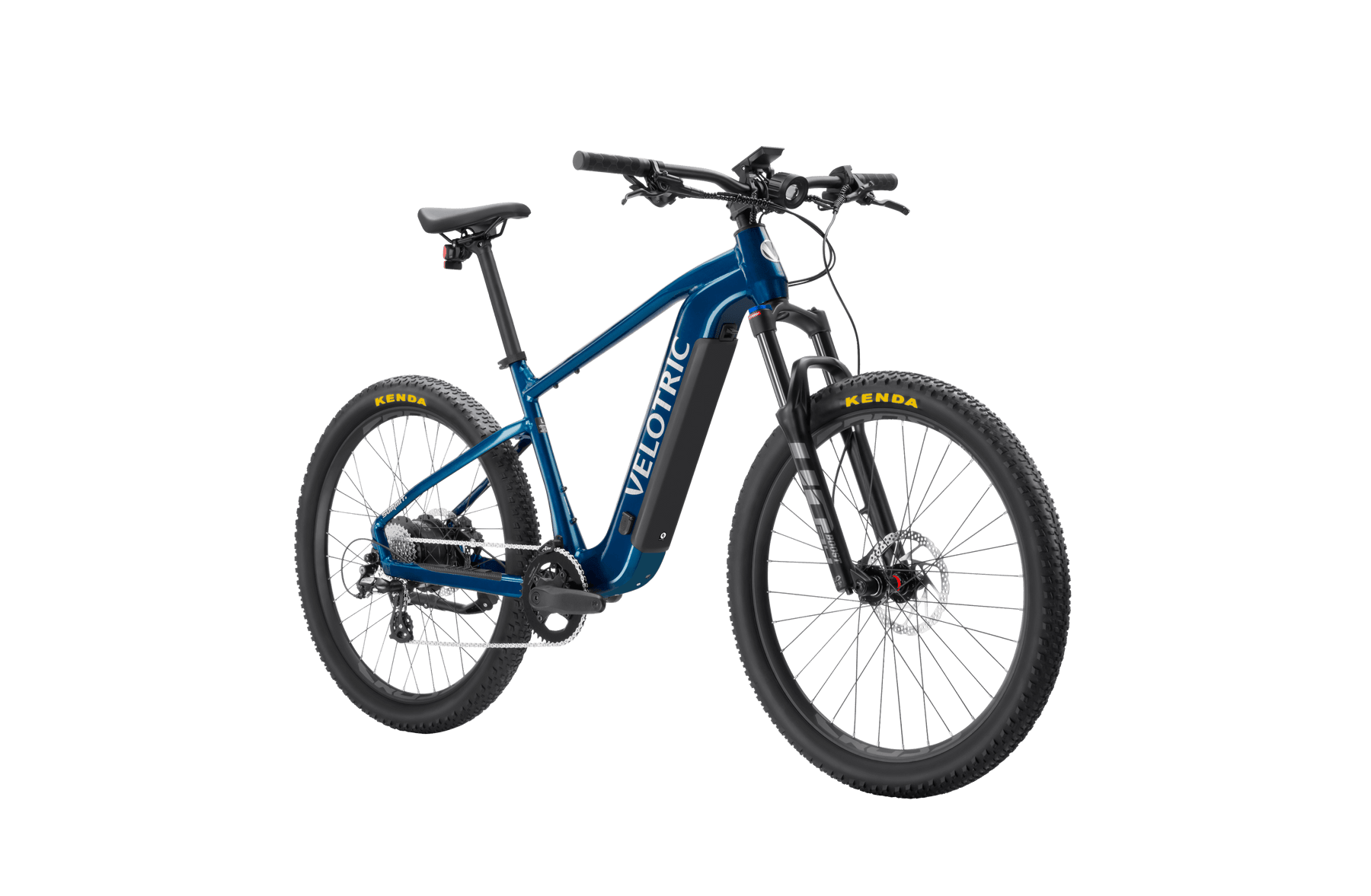Velotric - Summit 1 electric mountain eBike in blue and black, featuring a thick frame, front suspension, pedal assist, and prominently displayed Velotric logos on a black background.