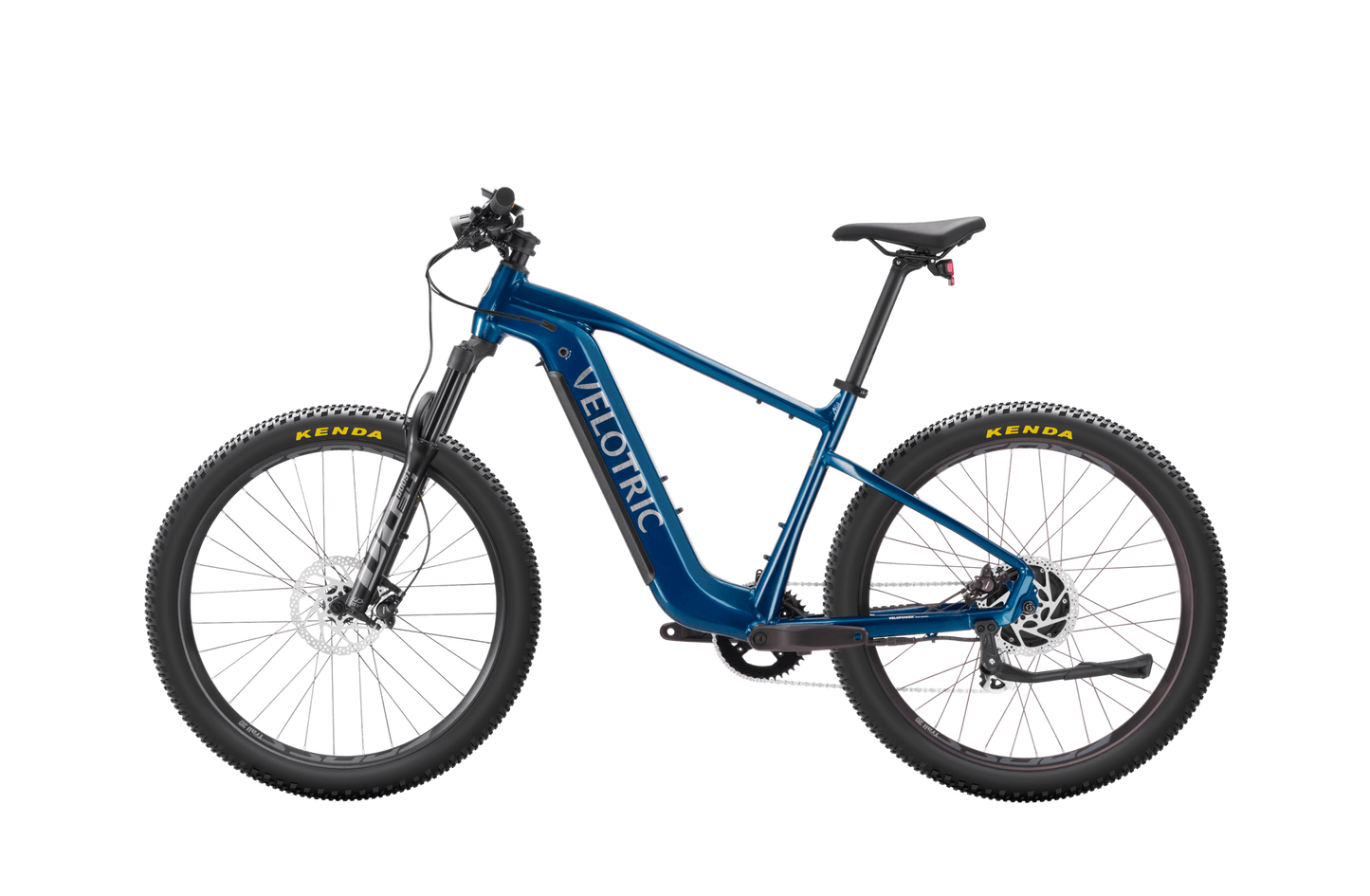 Blue Velotric Summit 1 eBike with dual suspension and Kenda tires, displayed on a black background.