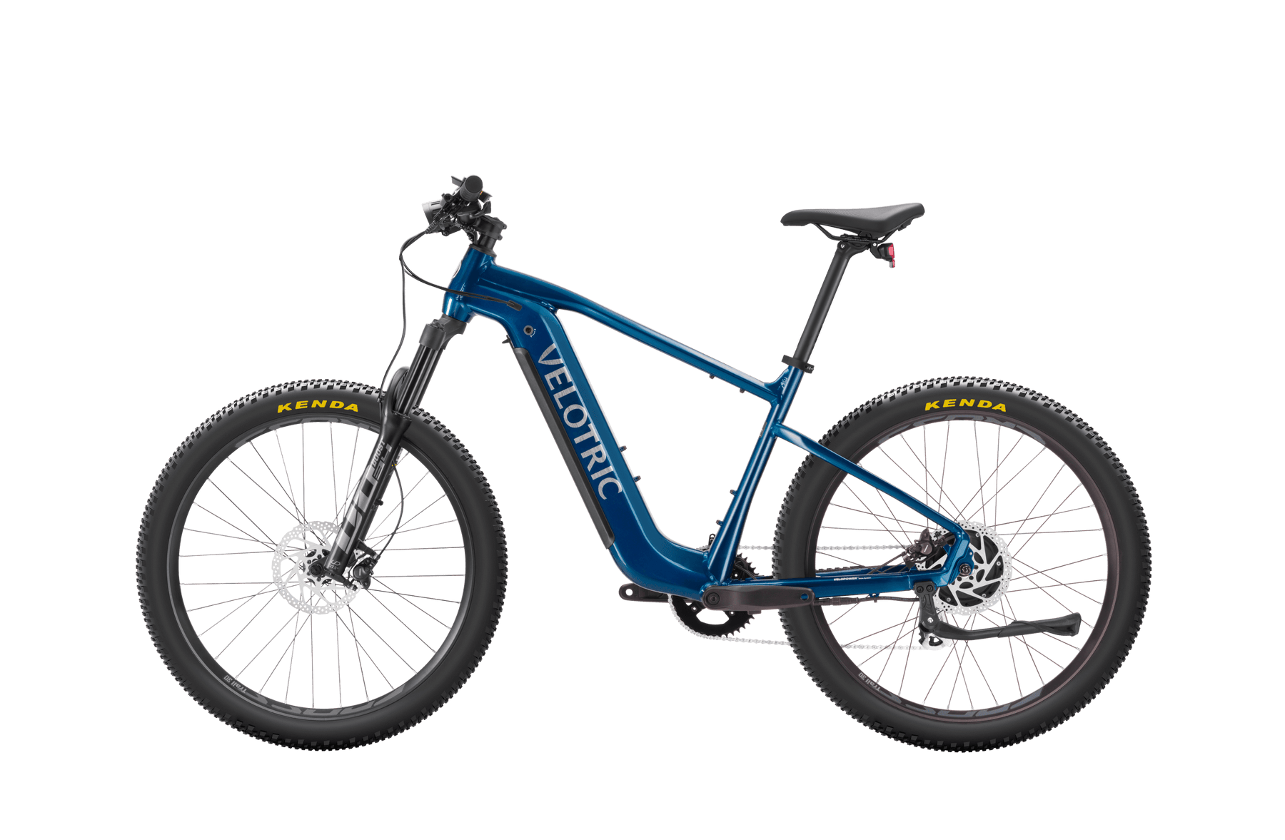 Blue Velotric Summit 1 eBike with dual suspension and Kenda tires, displayed on a black background.
