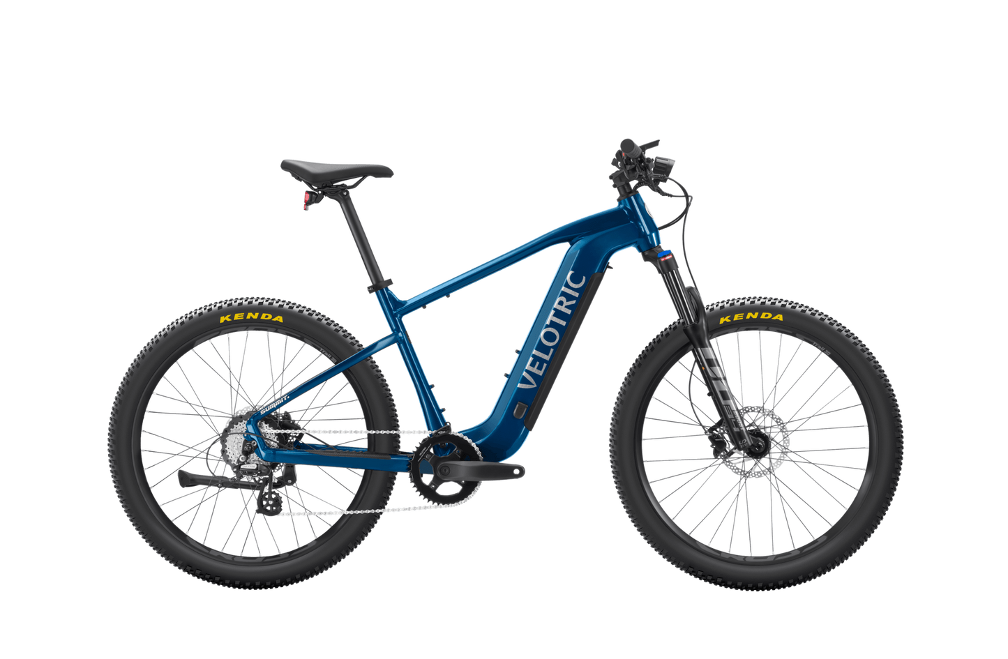 Blue Velotric - Summit 1 electric bicycle with black tires, mounted on a clear stand against a dark background.