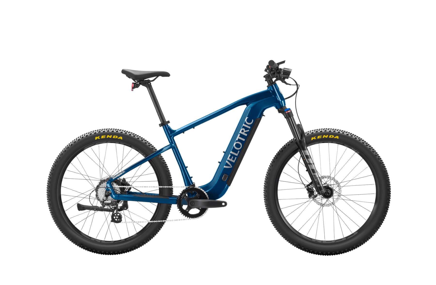 Blue Velotric - Summit 1 electric bicycle with black tires, mounted on a clear stand against a dark background.