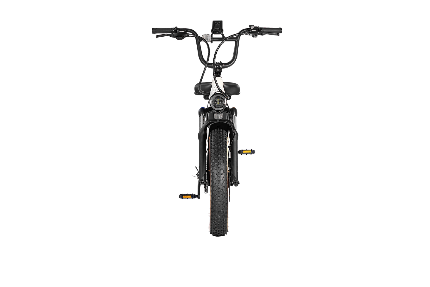 Front view of the AIMA - Big Sur Sport fat tires bike with wide, knobby tires, handlebars, and a single headlight.